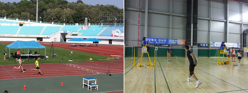 단거리 육상 경기(왼쪽), 배드민턴 경기 장면(오른쪽)