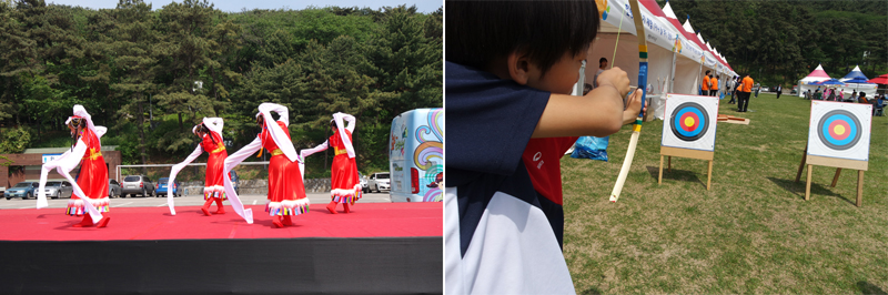세계인의 날 기념행사의 상설공연(왼쪽)과 전통 민속놀이 체험을 하는 어린이(오른쪽)