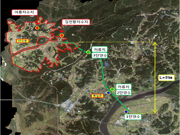 경기도와 농림축산식품부, 파주시가 가뭄 피해가 심각한 민통선 내 대성동마을 농경지 370㏊에 긴급 가뭄대책비 5억 원을 지원해 임진강 물을 공급했다. 사진은 송수관로 연결 위치도.