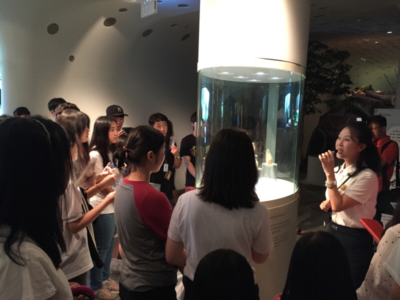 경기도 학생기자들이 전곡선사박물관에서 해설사의 설명을 듣고 있다.
