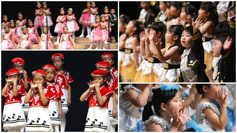 동요제 참가팀 어린이들이 형형색색의 의상을 입고 다양한 콘셉트로 개성 있는 동요 무대를 꾸미고 있다.