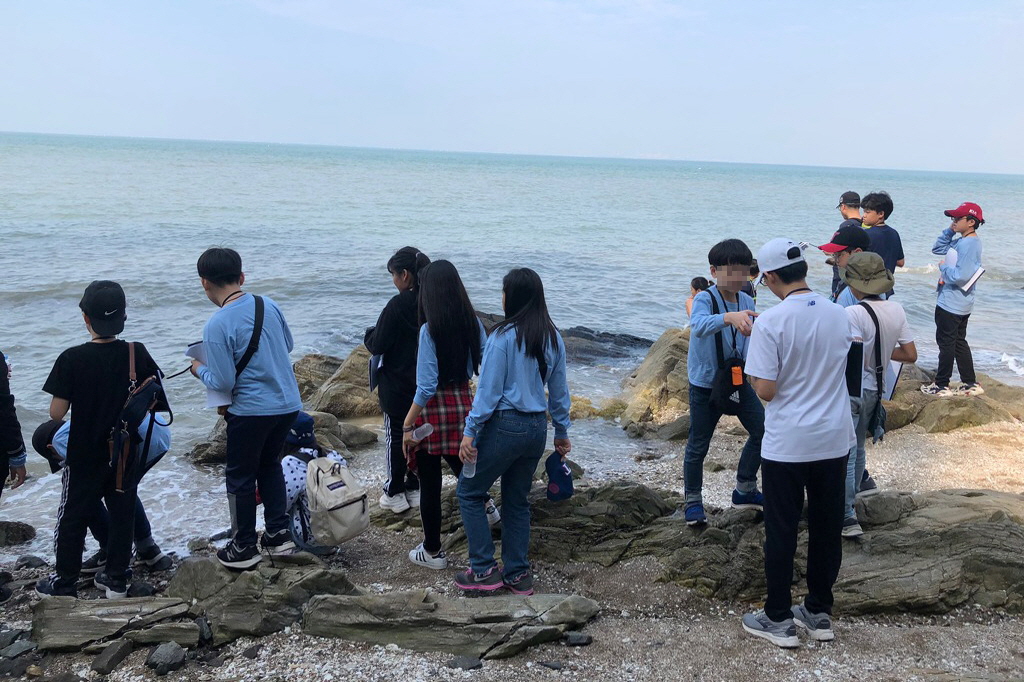 해안가에서 학생들이 암석과 갯벌 생물을 관찰하고 있다. 