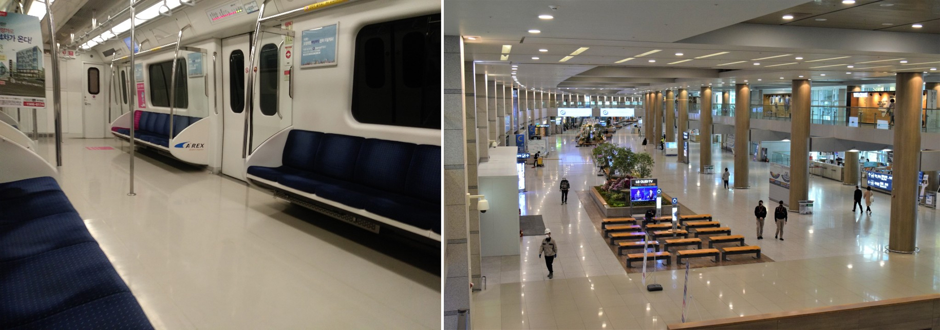 (좌) 인천공항을 오가는 공항철도 모습 (우) 이용객을 찾아보기 힘든 인천공항 입국장의 모습
