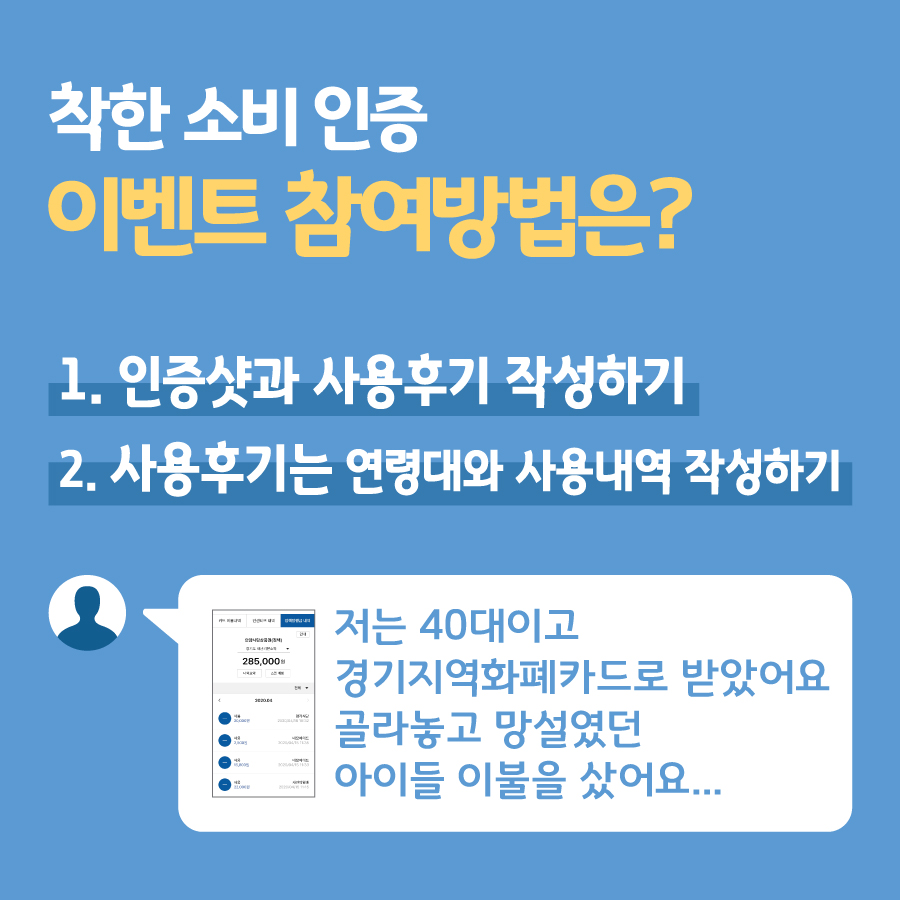 착한 소비 인증 이벤트는 경기도 공식 페이스북 계정에서 재난기본소득 사용내역을 인증한 뒤 관련된 에피소드를 작성하면 참여할 수 있다. 