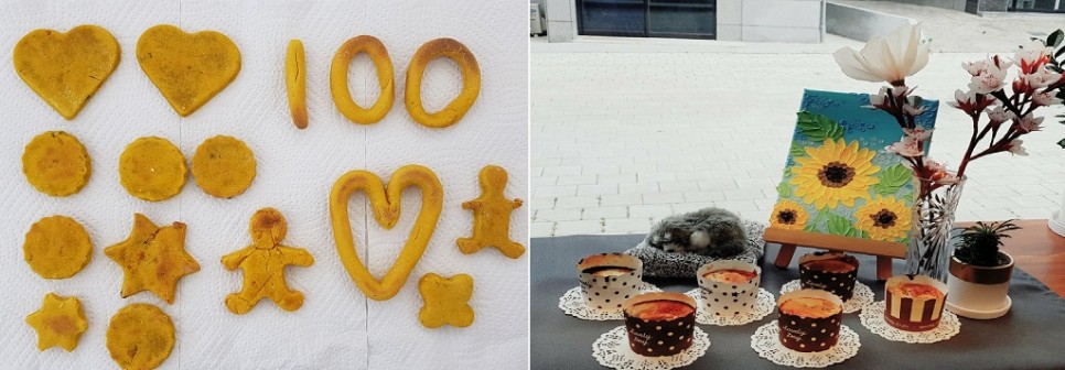 반려동물 건강식 학교에서 만든 노란색의 예쁜 단호박 쿠키와 바나나 머핀의 모습이다. 