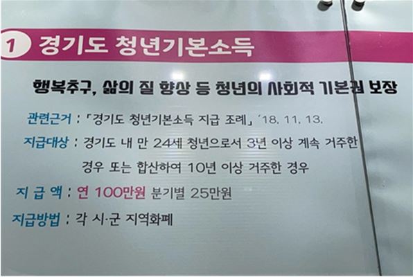 경기도는 도내 만 24세 청년이 3년 이상 경기도에 거주한 경우 또는 합산해 10년 이상 거주한 경우에  ‘경기도 청년기본소득’ 연 100만 원(분기별 25만 원)을 지급한다.