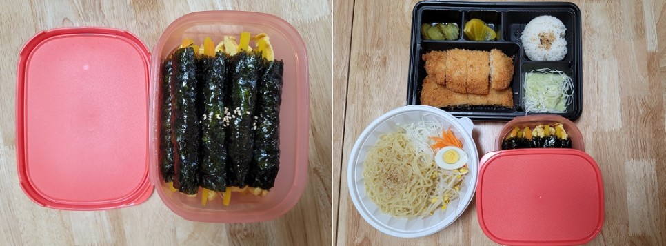 다회용기에 담긴 김밥과 그 외의 음식들