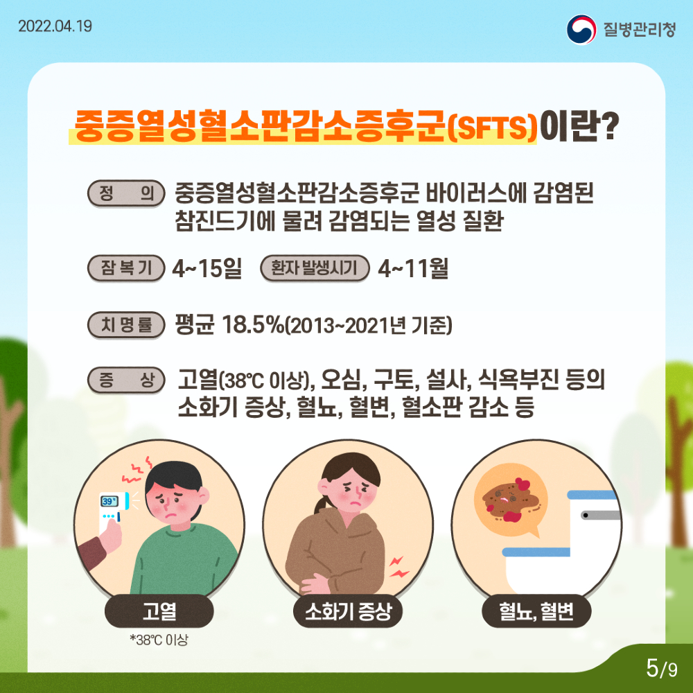 SFTS에 감염되면 원인 불명의 발열, 소화기 증상이 주 증상으로 나타난다.