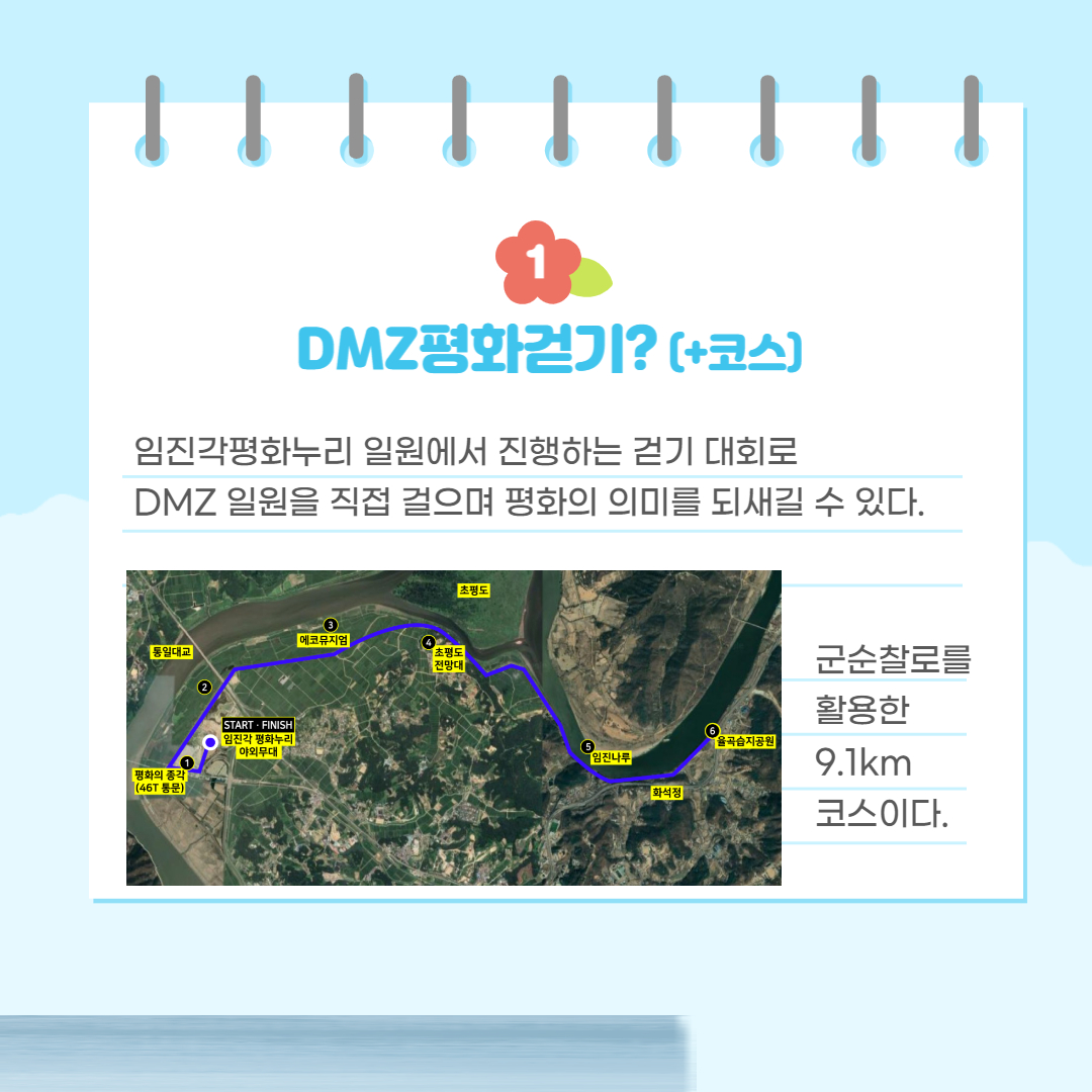DMZ 평화걷기란? 임진각평화누리 일원에서 진행하는 걷기 대회로 DMZ 일원을 직접 걸으며 평화의 의미를 되새길 수 있다. 군순찰로를 활용한 9.1km 코스이다. 
