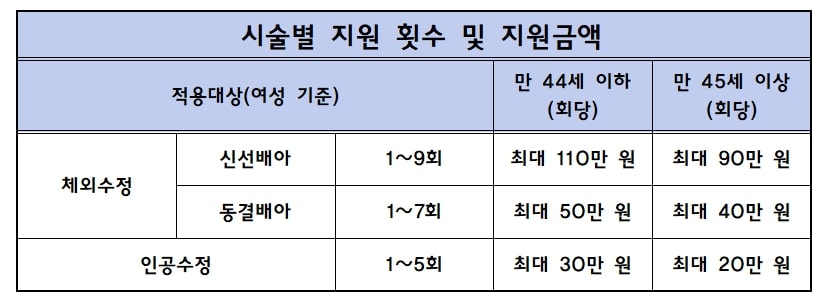 시술별 지원 횟수 및 지원금액