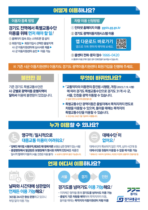 교통약자의 이동편의 증진법 시행령 개정 (2023.07.19. 시행)에 따라 경기도 특별교통수단으로 경기도 31개 시·군, 서울, 인천을 광역 이동할 수 있도록 바뀌었다.