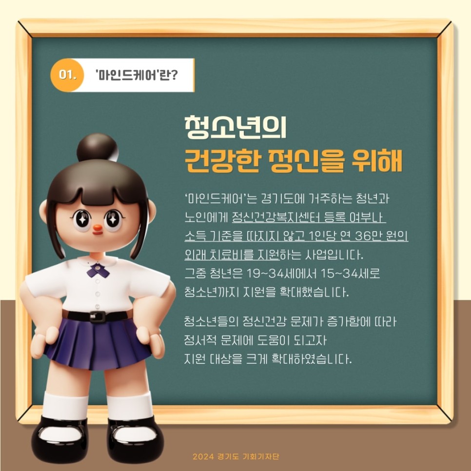 청소년의 건강한 정신을 위해 `마인드케어`는 경기도에 거주하는 청년과 노인에게 정신건강복지센터 등록 여부나 소득 기준을 따지지 않고 1인당 연 36만 원의 외래 치료비를 지원하는 사업입니다. 그중 청년은 19~34세에서 15~34세로 청소년까지 지원을 확대했습니다. 청소년들의 정신건강 문제가 증가함에 따라 정서 문제에 도움이 되고자 지원대상을 확대하였습니다