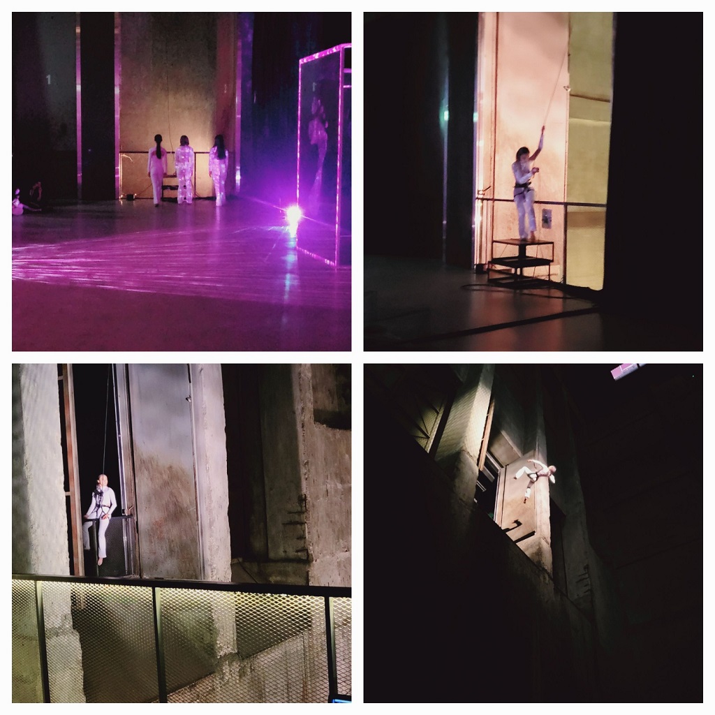 멀티미디어홀에서 39m의 벙커로 와이어를 메고 이동하는 댄서의 모습이 아슬아슬하다. 
