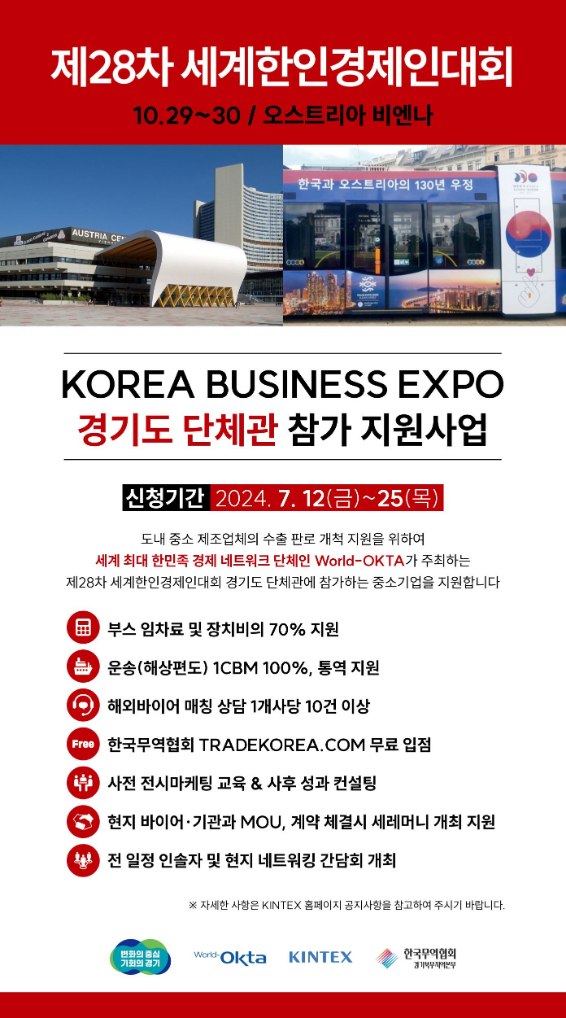 경기도는 도내 중소 제조업체의 수출 판로 개척을 지원을 위해 ‘제28차 세계한인경제인대회 KOREA BUSINESS EXPO’ 경기도 단체관에 참여할 기업을 모집한다, 