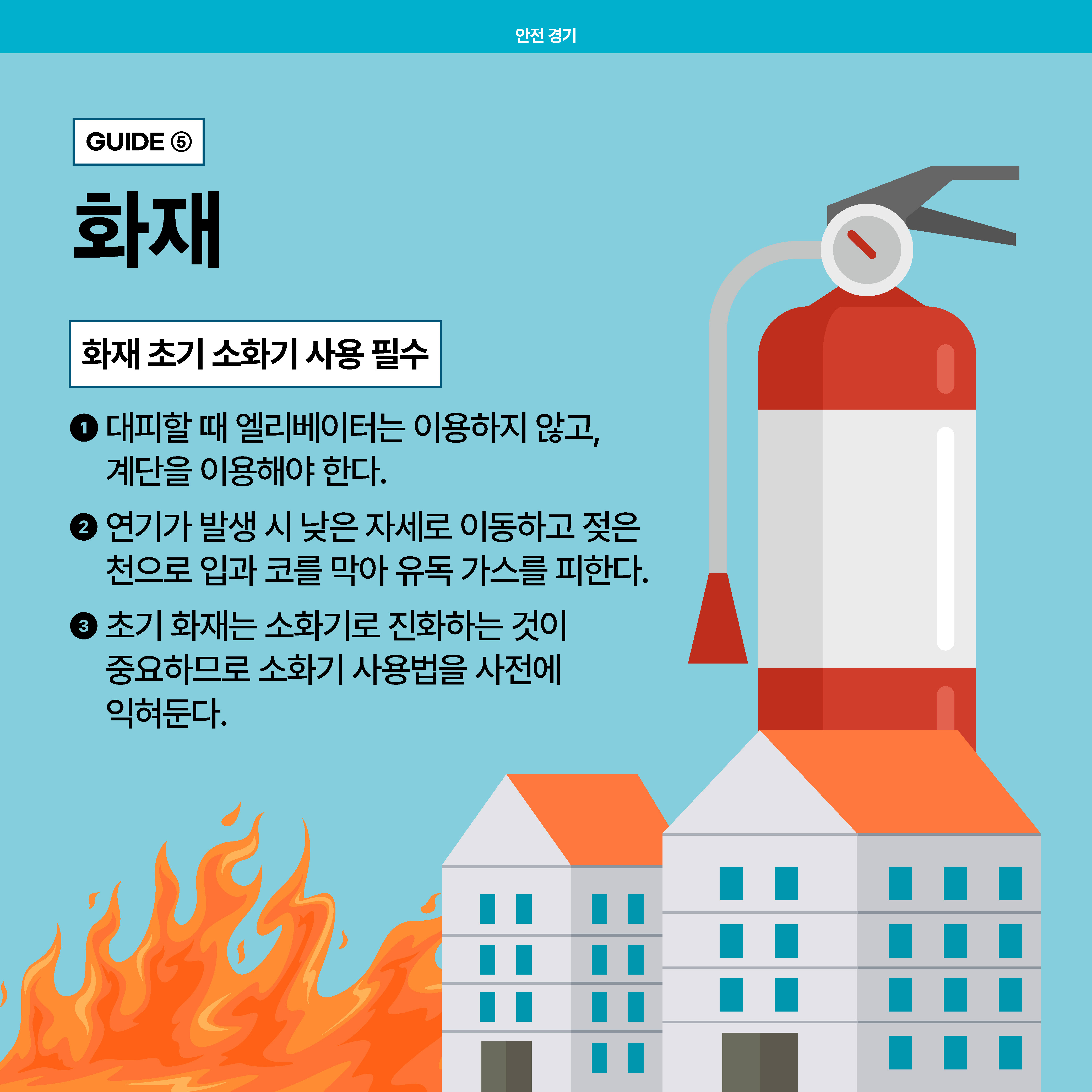 화재 초기엔 소화기 사용이 필수입니다. 대피시 엘리베이터가 아닌 계단을 이용해야하며 연기 발생 시 낮은자세로 이동하며 젖은 천으로 입과 코를 막아야 합니다. 또 초기 화재는 소화기 진화가 중요하므로 소화기 사용법도 사전에 파악해두는 것이 좋습니다.