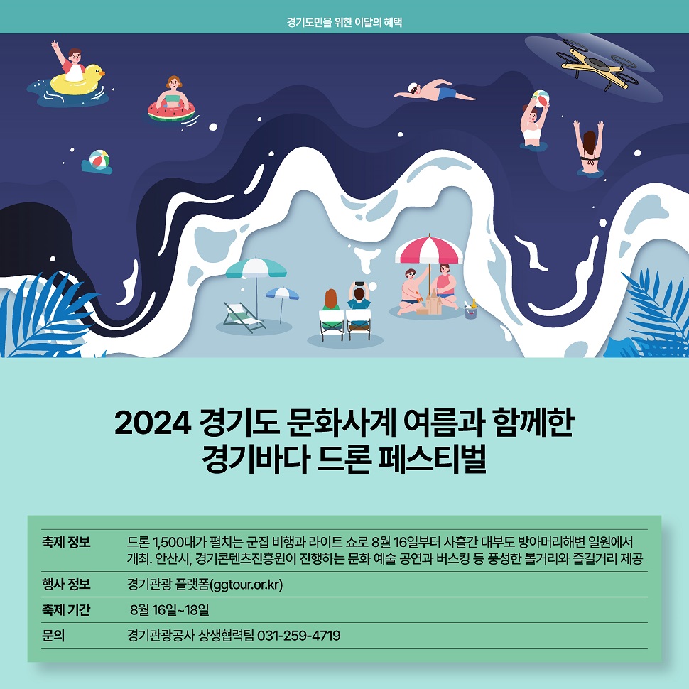 2024 경기도 문화사계 여름과 함께한 경기드론 페스티벌이 열립니다. 드론 1500대가 펼피는 군집 비행과 라이트쇼로, 8월 16일부터 18일까지 대부도 방아머리해변 일원에서 개최됩니다. 안산시, 경기콘텐츠진흥원이 진행하는 문화 예술 공연과 버스킹 등 풍성한 볼거리와 즐길거리를 제공합니다.