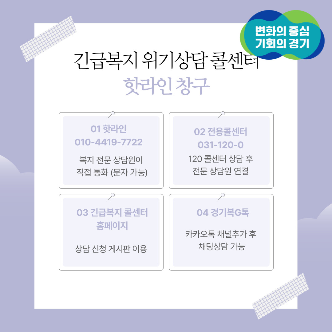 긴급복지 위기상담 콜센터 핫라인 청구 01. 핫라인 010-4419-7722 복지전문 상담원이 직접 통화 02. 전용콜센터 031-120-0 120 콜센터 상담 후 전문 상담원 연결 03. 긴급복지 콜센터 홈페이지 상담 신청 게시판 이용 04. 경기복G톡 카카오톡 채널추가 후 채팅상담 가능