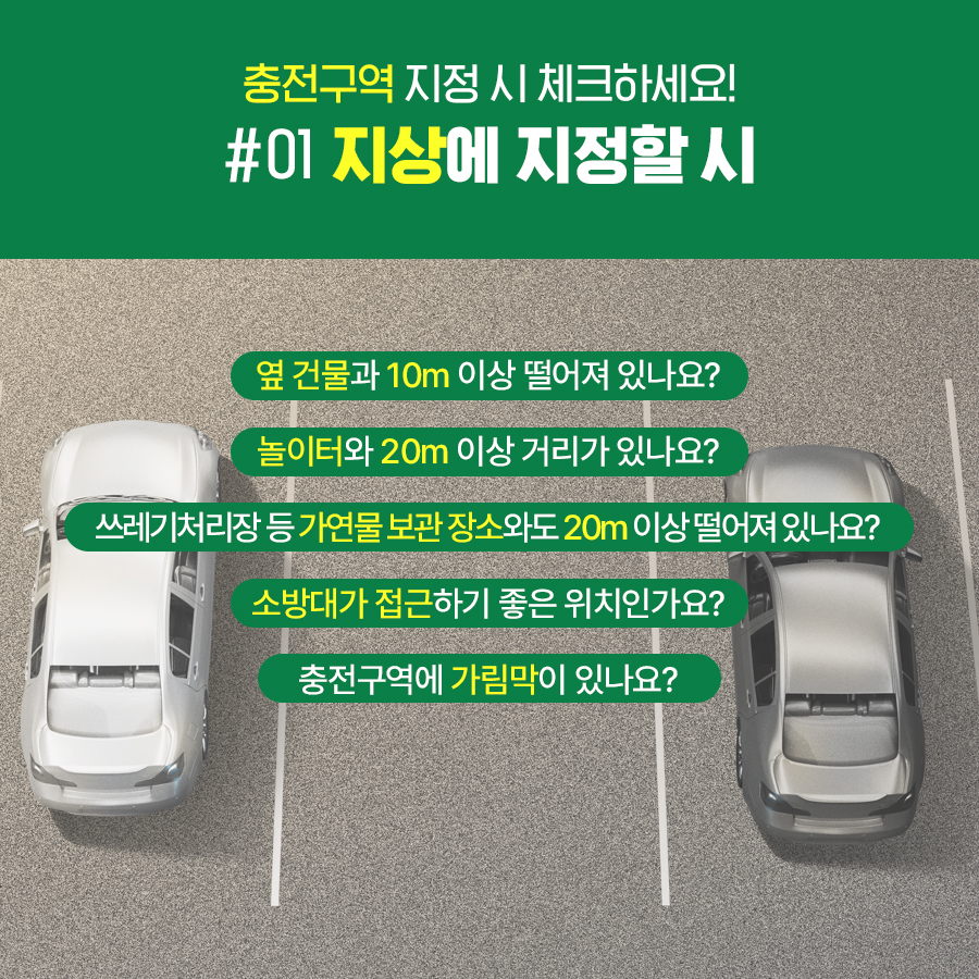 충전구역 지정 시 체크하세요, 지상에 지정할 시 옆건물과 10m 이상 거리 유리, 놀이터와 20m 이상 거리 유지, 가연물 보관 장소와 20m 이상 거리 유지, 소방대 접근하기 좋은 위치 선정, 충전구역에 가림막 금지