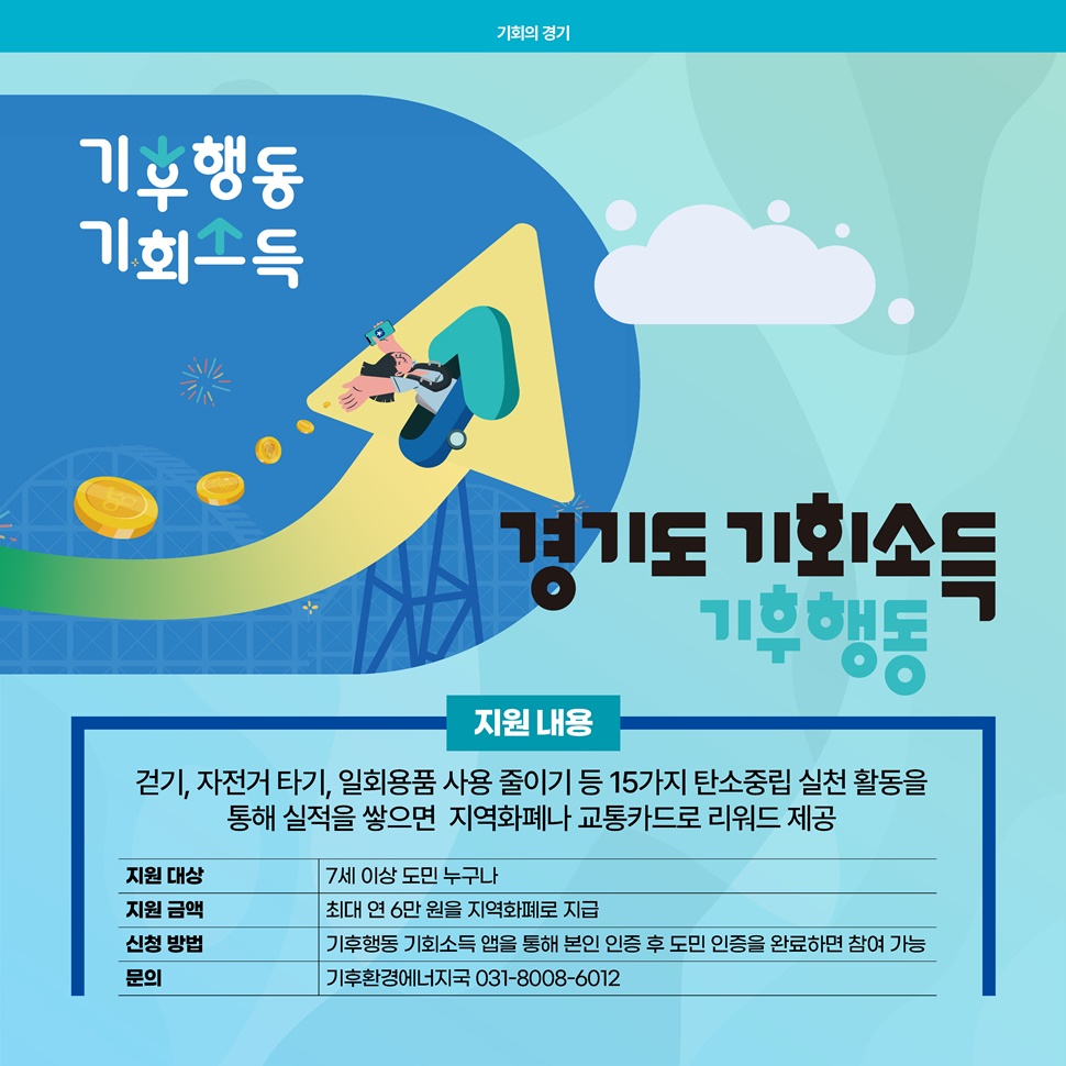 경기도 기후행동 기회소득도 있습니다. 걷기, 자전거 타기, 일회용품 사용 줄이기 등 15가지 탄소중립 실천 활동을 통해 실적을 쌓으면 지역화폐나 교통카드로 리워드 제공합니다.