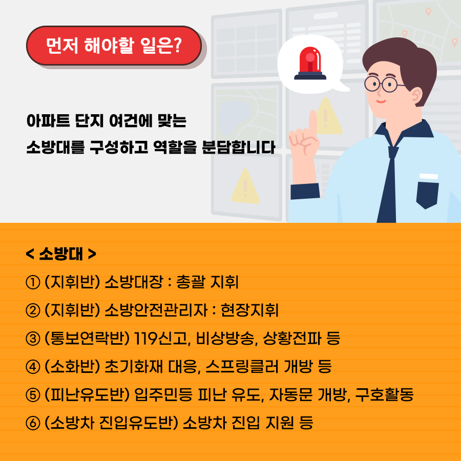 먼저 해야 할 일은 아파트 단지 여건에 맞는  소방대를 구성하고 역할을 분담합니다. 이는 ▲(지휘반)소방대장: 현장지휘 ▲(지휘반)소방안전관리자: 현장지휘 ▲(통보연락반): 119신고, 비상방송, 상황전파 ▲(소화반) 초기화재 대응, 스프링쿨러 개방 등으로 구성됩니다.