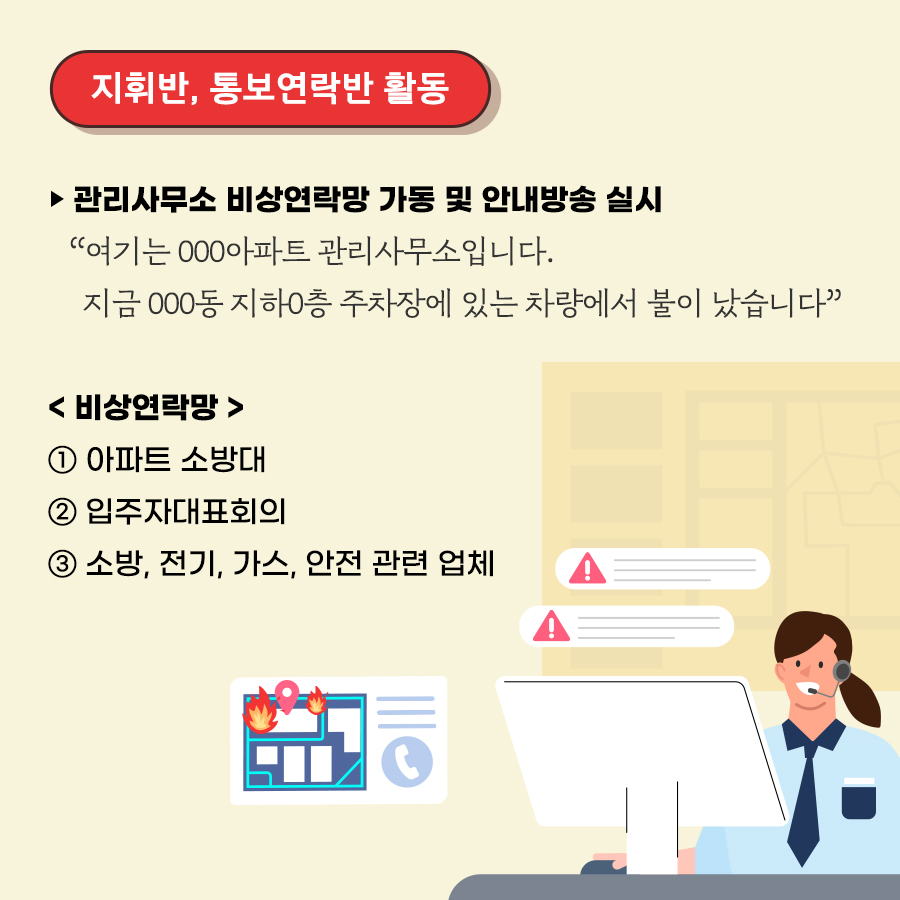 지휘반, 통보연락반 활동은 관리사무소 비상연락망 가동 및 안내방송을 실시합니다.