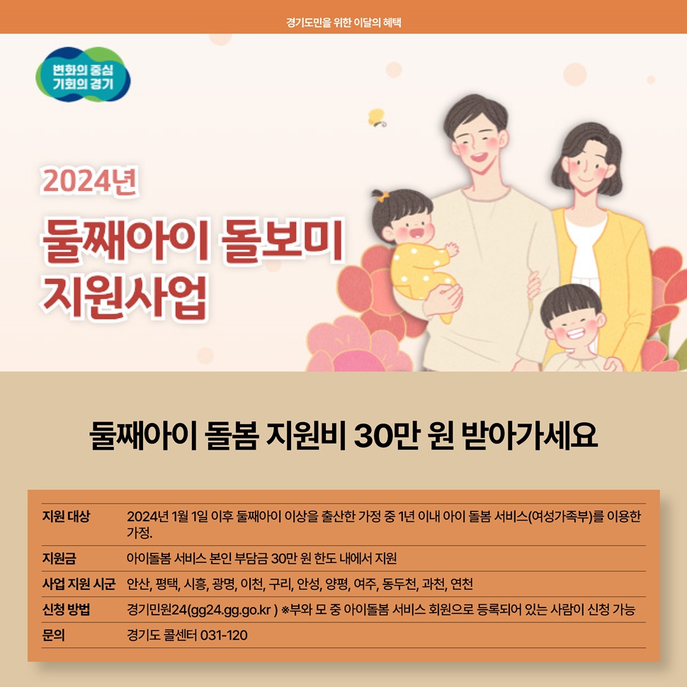 2024년 둘째아이 돌봄 지원비 30만 원 받아가세요. 사업 지원 시군은 안산, 평택, 시흥, 광명, 이천, 구리, 안성, 양평, 여주, 동두천, 과천, 연천 등입니다.