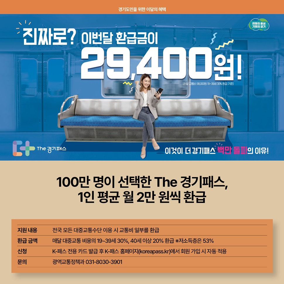 100만 명이 선택한 The 경기패스가 1인당 평균 월 2만 원씩 환급해 드립니다. 자세한 사항은 경기도청 광역교통정책과 031-8008-3901로 문의하세요.