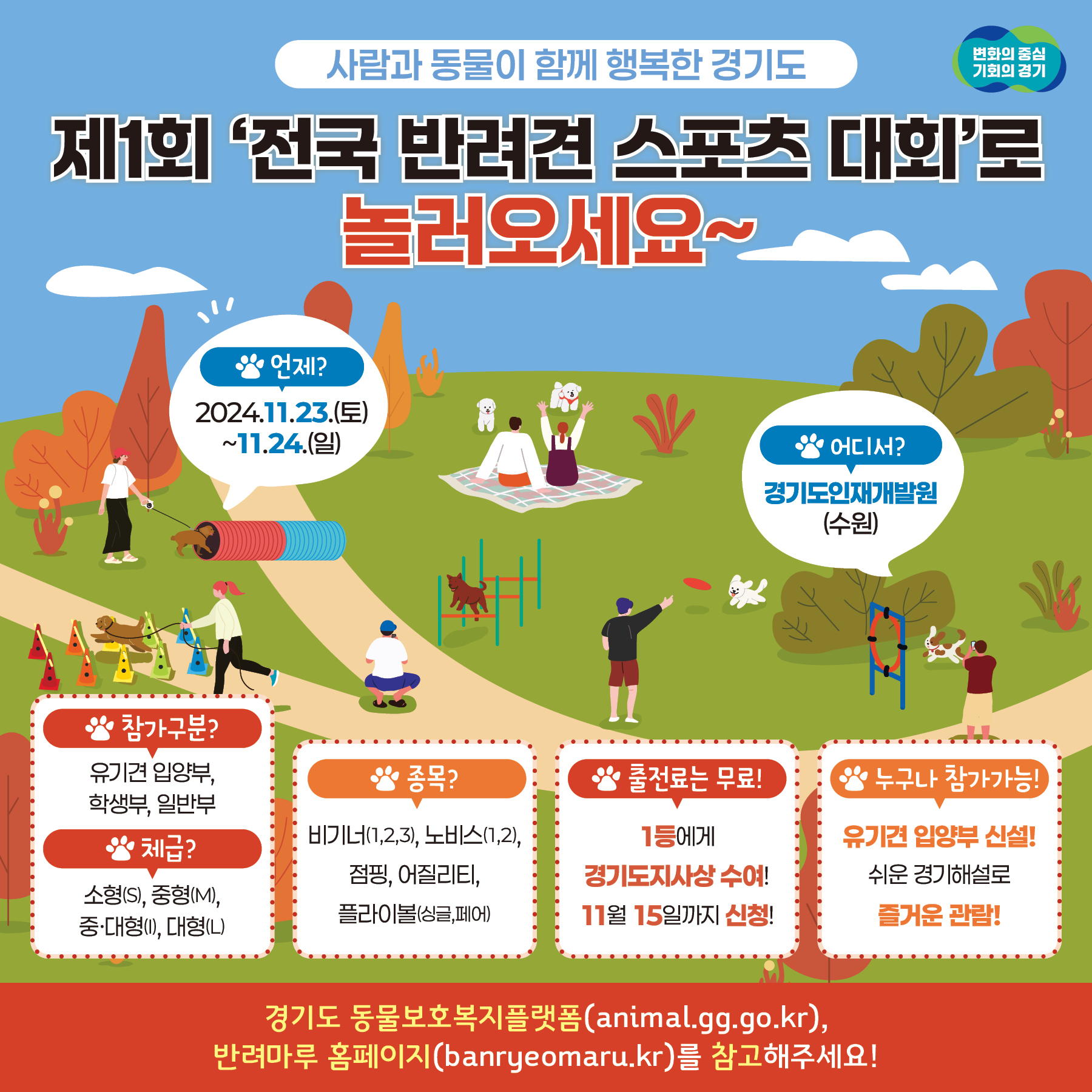 경기도는 오는 23~24일 경기도인재개발원 운동장에서 제1회 경기도지사배 ‘전국 반려견 스포츠대회’를 개최한다.