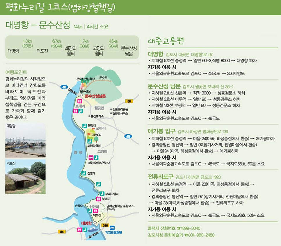 김포 평화누리길 1~3코스는 김포시 내 접경지역 일원에 있는 생태 우수지역과 역사관광지를 연결하고 있습니다.