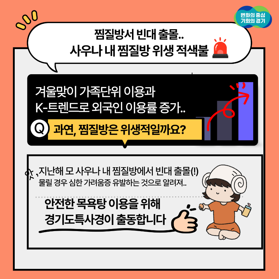 변화의 중심 기회의 경기 찜질방서 빈대 출몰.. 사우나 내 찜질방 위생 적색불 겨울맞이 가족단위 이용과 K-트렌드로 외국인 이용률 증가.  Q 과연, 찜질방은 위생적일까요? 앗,지난해 모 사우나 내 찜질방에서 빈대 출몰(!) 물릴 경우 심한 가려움증 유발하는 것으로 알려져.. 안전한 목욕탕 이용을 위해 경기도특사경이 출동합니다 