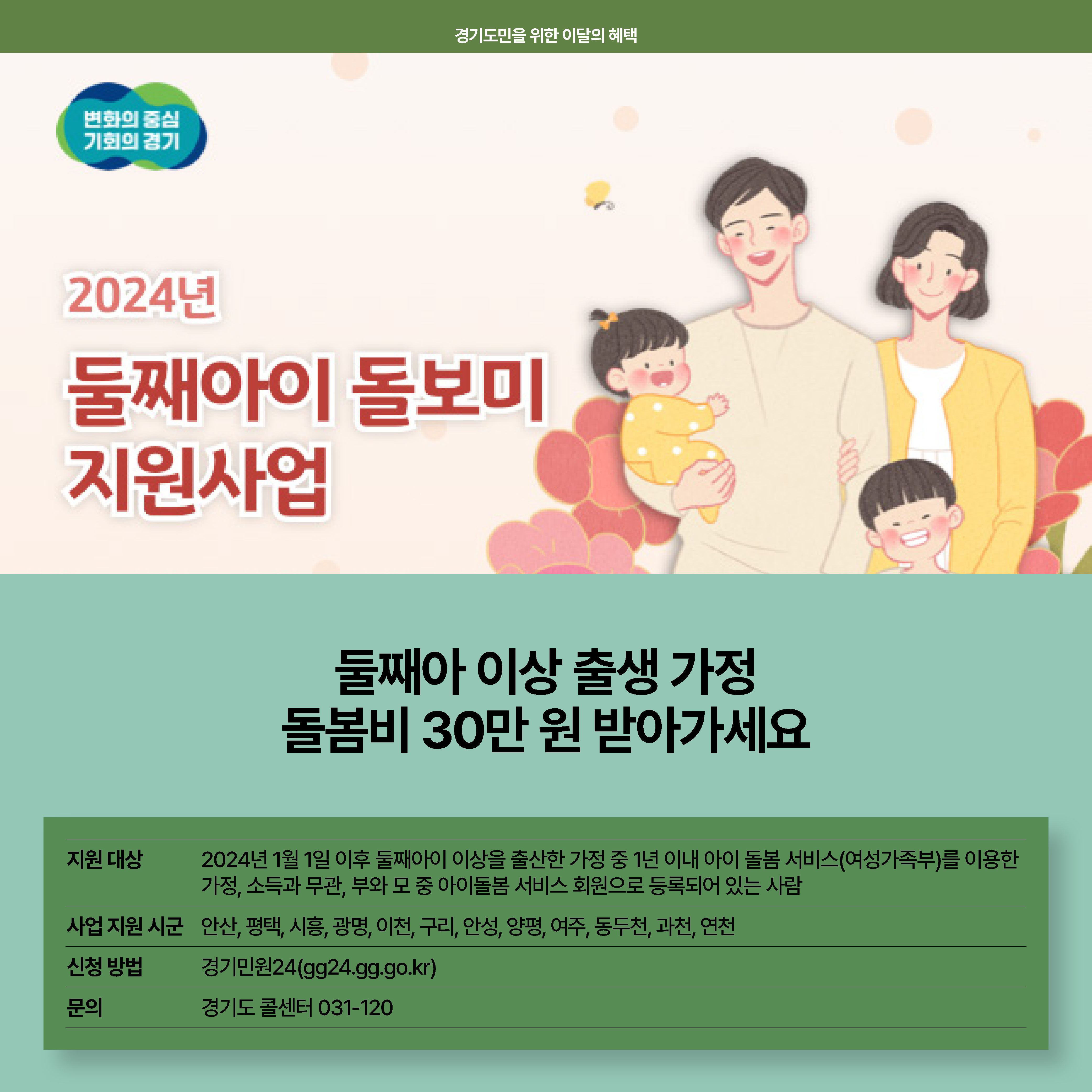 2024년 둘째아이 돌보미 지원사업. 둘째아 이상 출생 가정 돌봄비 30만 원 받아가세요. 2024년 1월 1일 이후 둘째아이 이상을 출산한 가정 중 1년 이내 아이돌봄서비스를 이용한 가정, 소득과 무관, 부와 모 중 아이돌봄 서비스 회원으로 등록되어 있는 사람.