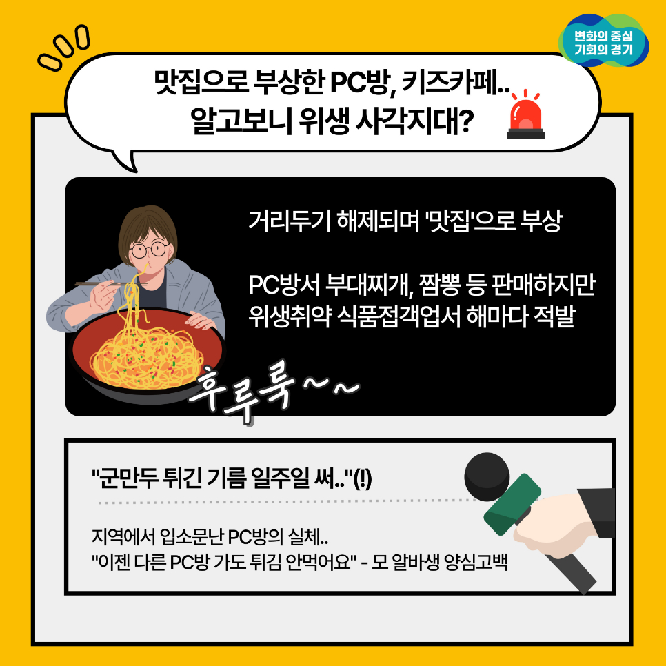 PC방, 키즈카페 등은 거리두기가 해제되며 맛집으로 부상했지만 위생취약 식품접객업에서 해마다 적발되는 곳이기도 합니다. 특히 지역서 입소문난 PC방의 알바생이 다른 PC방을 가도 튀김을 안먹는다며 군만두를 튀긴 기름을 일주일을 쓴다고 양심고백하기도 했습니다.