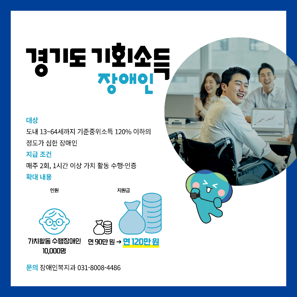 경기도 장애인 기회소득은 도내 13~64세까지 기준 중위소득 120% 이하의 정도가 심한 장애인을 대상으로 매주 2회, 1시간 이상 가치활동을 수행, 인증하면 지급됩니다. 올해는 대상을 1만 명으로 늘리고 지원금도 연 120만 원으로 늘었습니다. 문의는 장애인복지과(031-8008-4486)으로 하면 됩니다.