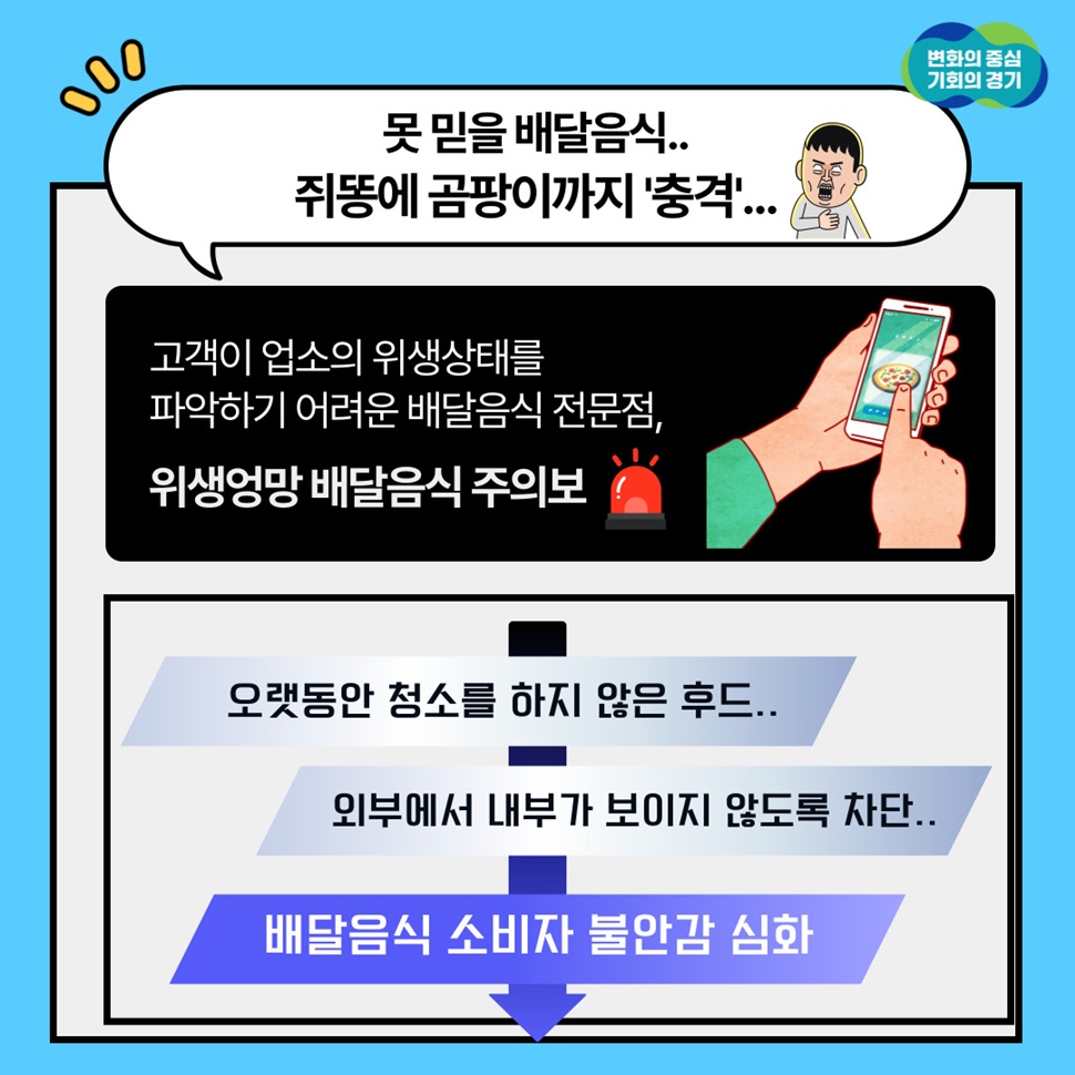 못 믿을 배달음식은 쥐똥 곰팡이까지 충격을 주고 있다고 합니다. 고객이 업소의 위생상태를 파악하기 어려운 게 배달음식 전문점입니다. 위생엉망 배달음식 주의보는 오랫동안 청소를 하지 않은 후드, 외부에서 내부가 보이지 않도록 차단, 배달음식 소비자 불안감 심화 등입니다.