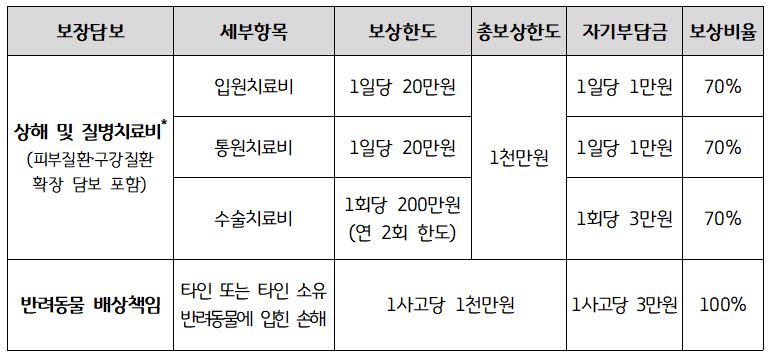보장내용. ※치료비 보상방법: (치료비-자기부담금) × 보상비율(70%)