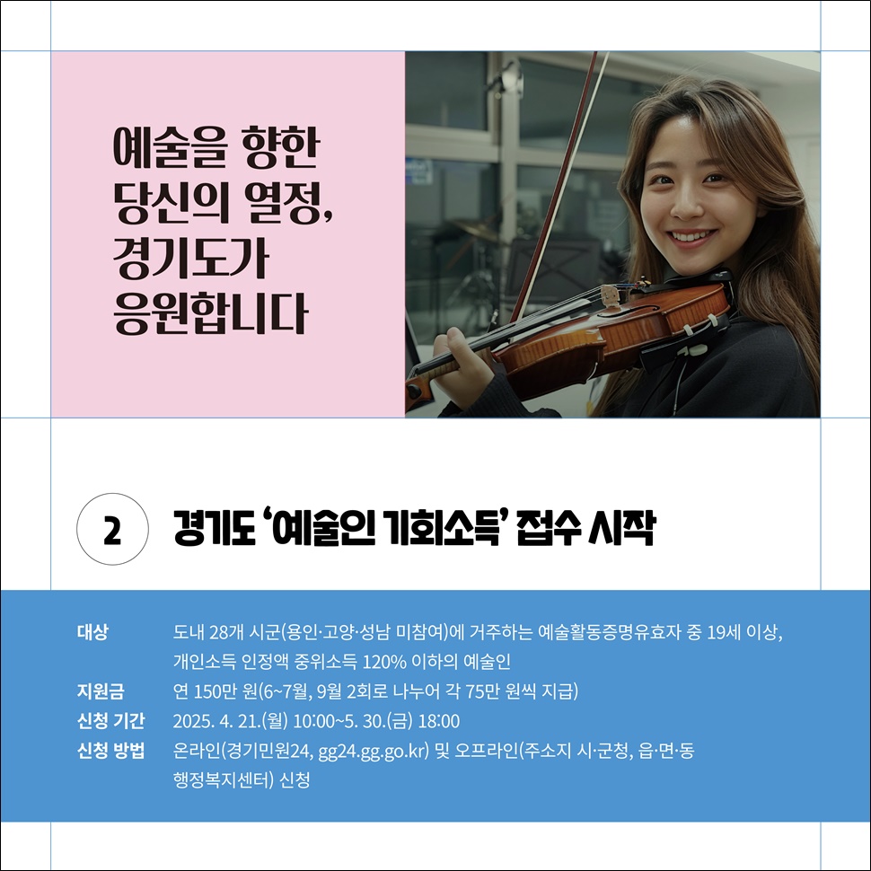 ②경기도 ‘예술인 기회소득’ 접수 시작. 도내 28개 시군(용인, 고양, 성남 미참여)에 거주하는 예술활동증명유효자 중 19세 이상, 개인소득 인정액 중위소득 120% 이하의 예술인 등을 대상으로 합니다. 지원금은 연 150만 원이며, 2회에 나눠 각 75만 원씩 지급합니다.