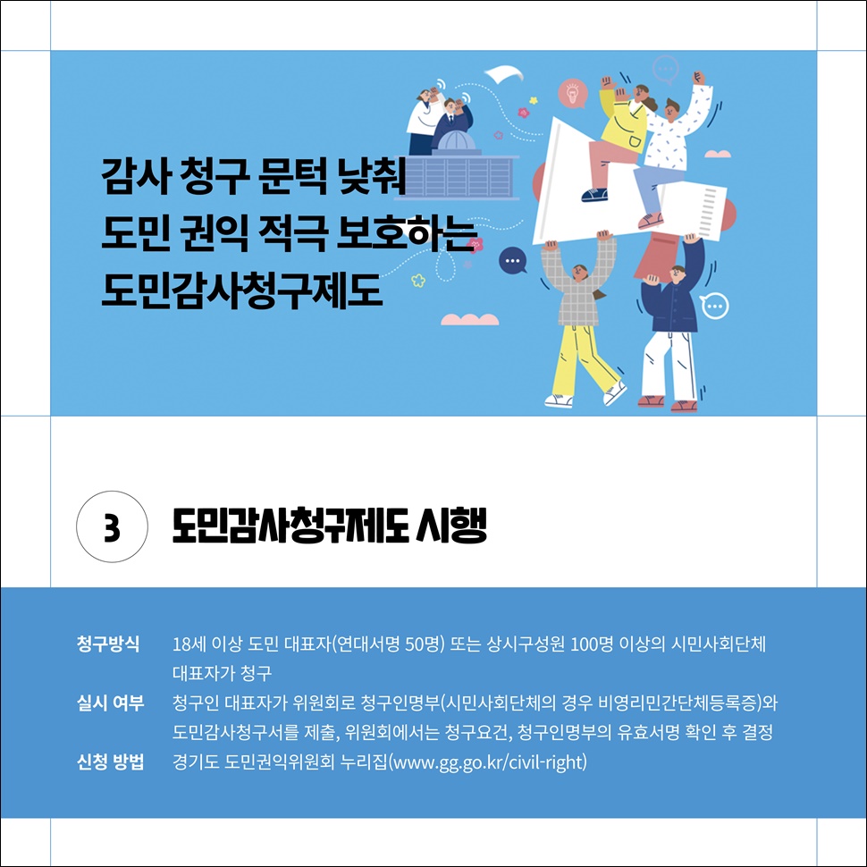 ③도민감사청구제도 시행. 18세 이상 도민 대표자(연대서명 50명) 또는 상시구성원 100명 이상의 시민사회단체 대표자가 청구합니다.