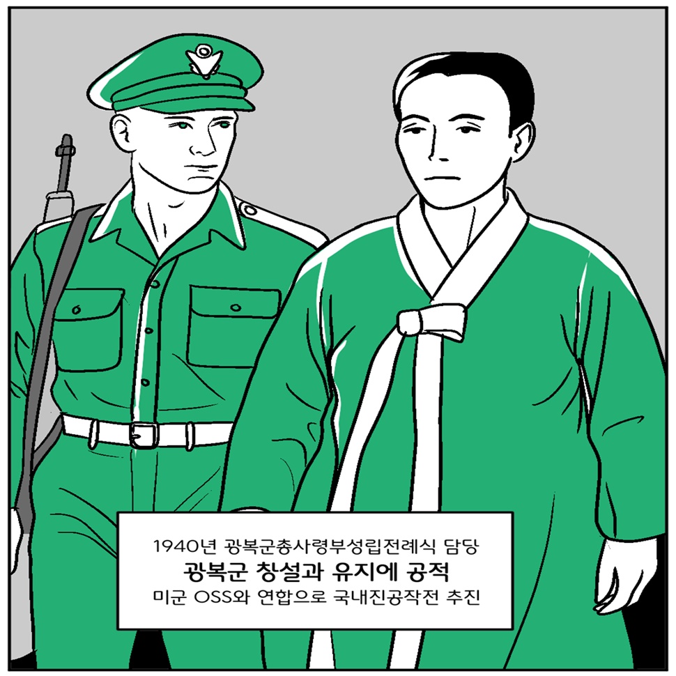 엄항섭 지사는 1940년 광복군총사령부성립전례식 담당으로 광복군 창설과 유지에 공적을 세웠습니다. 특히, 미국 OSS와 연합으로 국내진공작전을 추진했습니다.