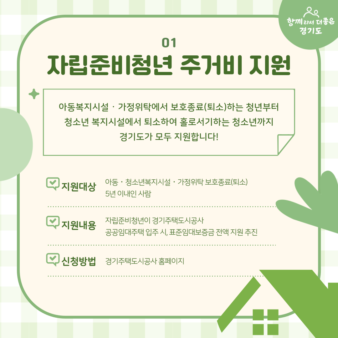 자립준비청년 주거비 지원은 아동복지시설·가정위탁에서 보호종료(퇴소)하는 청년부터 청소년 복지시설에서 퇴소하여 홀로서기하는 청소년을 지원하는 정책입니다. 퇴소 및 보호종료 5년 이내의 사람을 대상으로 이들이 경기주택도시공사 공공임대주택 입주 시 표준임대보증금 전액을 지원합니다. 신청방법은 경기주택도시공사 누리집을 참고하면 됩니다.