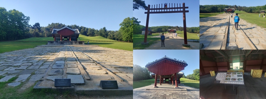 멀리 보이는 융릉의 모습, 홍살문을 지나 어로를 걸어가면 재실이 나오고 재실 뒤로 융릉의 모습이 보인다.