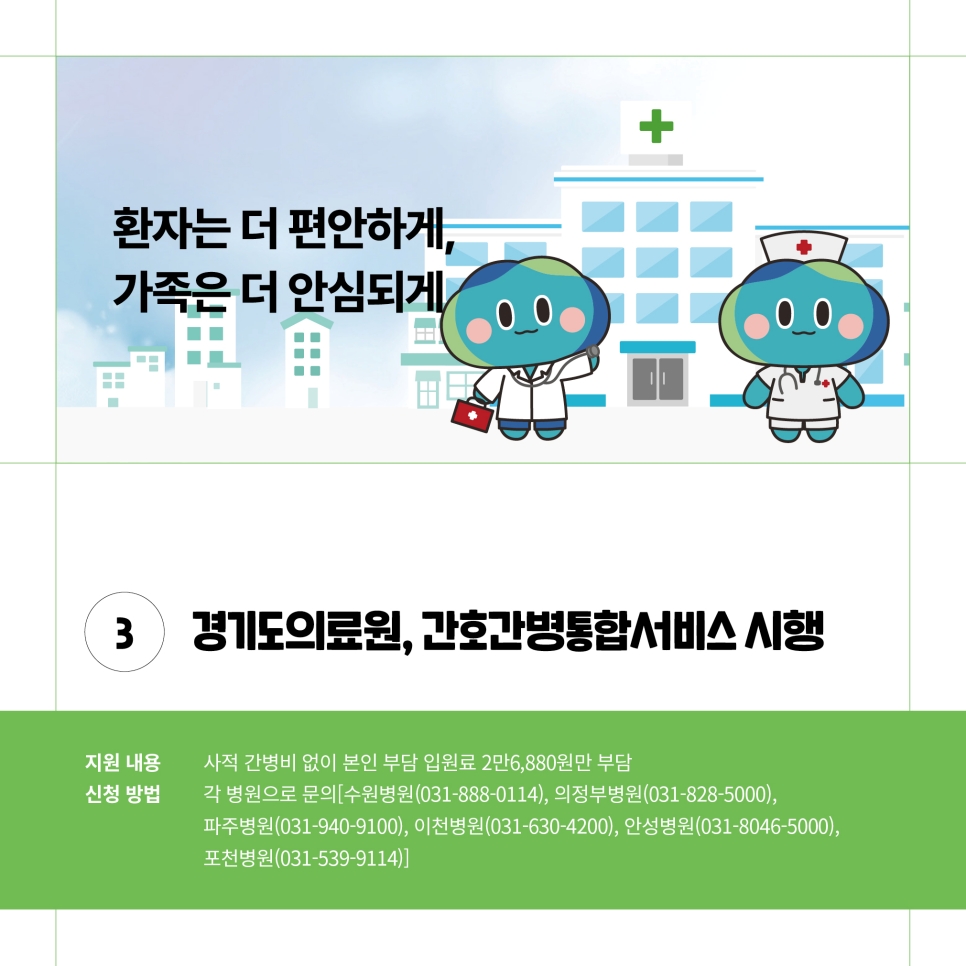 경기도의료원에서 간호간병통합서비스를 시행합니다. 사적 간병비 없이 본임 부담 입원료를 2만6,880원만 부담하면 됩니다. 신청은 수원병원(031-888-0114), 의정부병원(031-828-5000), 파주병원(031-940-9100), 이천병원(031-630-4200), 안성병원(031-8046-5000), 포천병원(031-539-9114)입니다.