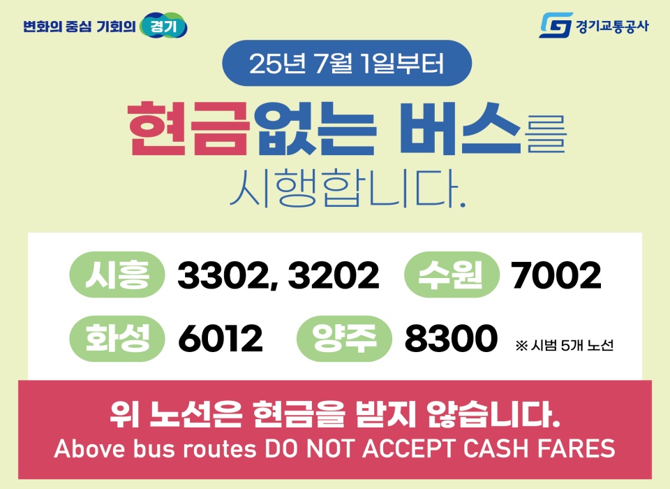 경기도는 시내버스 요금 관리 효율화, 배차 정시성 확보, 안전사고 방지 등을 위해 오는 7월 1일부터 도내 4개 시 5개 노선을 대상으로 ‘현금없는 버스’를 시범 운영한다.