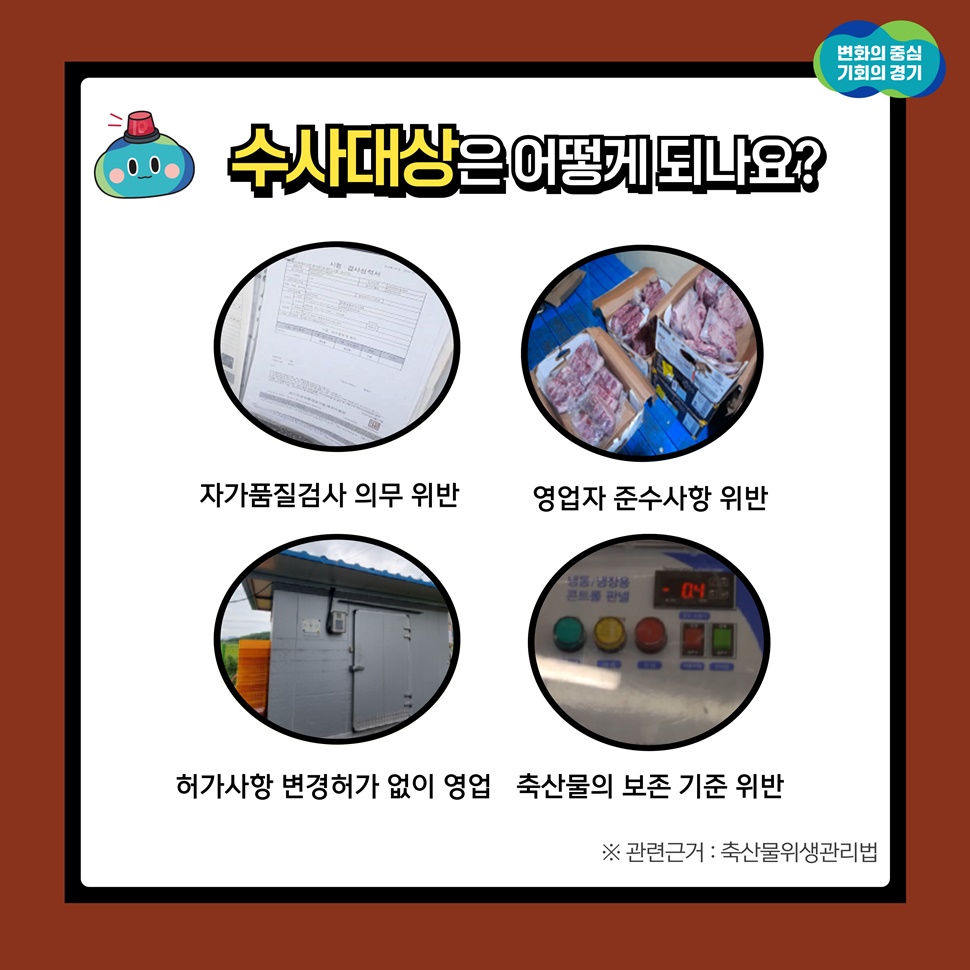 수사대상은 어떻게 되나요? ▲자가품질검사 의무 위반 ▲영업자 준수사항 위반 ▲허가사항 변경허가 없이 영업 ▲축산물의 보존 기준 위반 등입니다. 관련 근거는 축산물위생관리법 등입니다.
