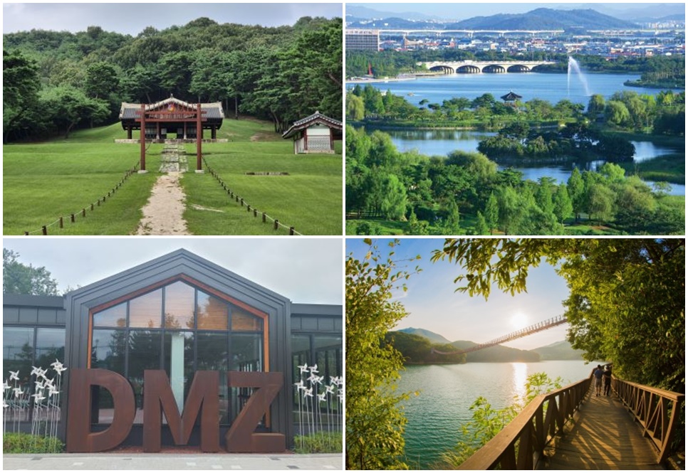 고양 - 파주 코스 관광지 자료 사진. (시계 방향으로) 서오릉, 일산호수공원, 마장호수출렁다리, 나들라온.