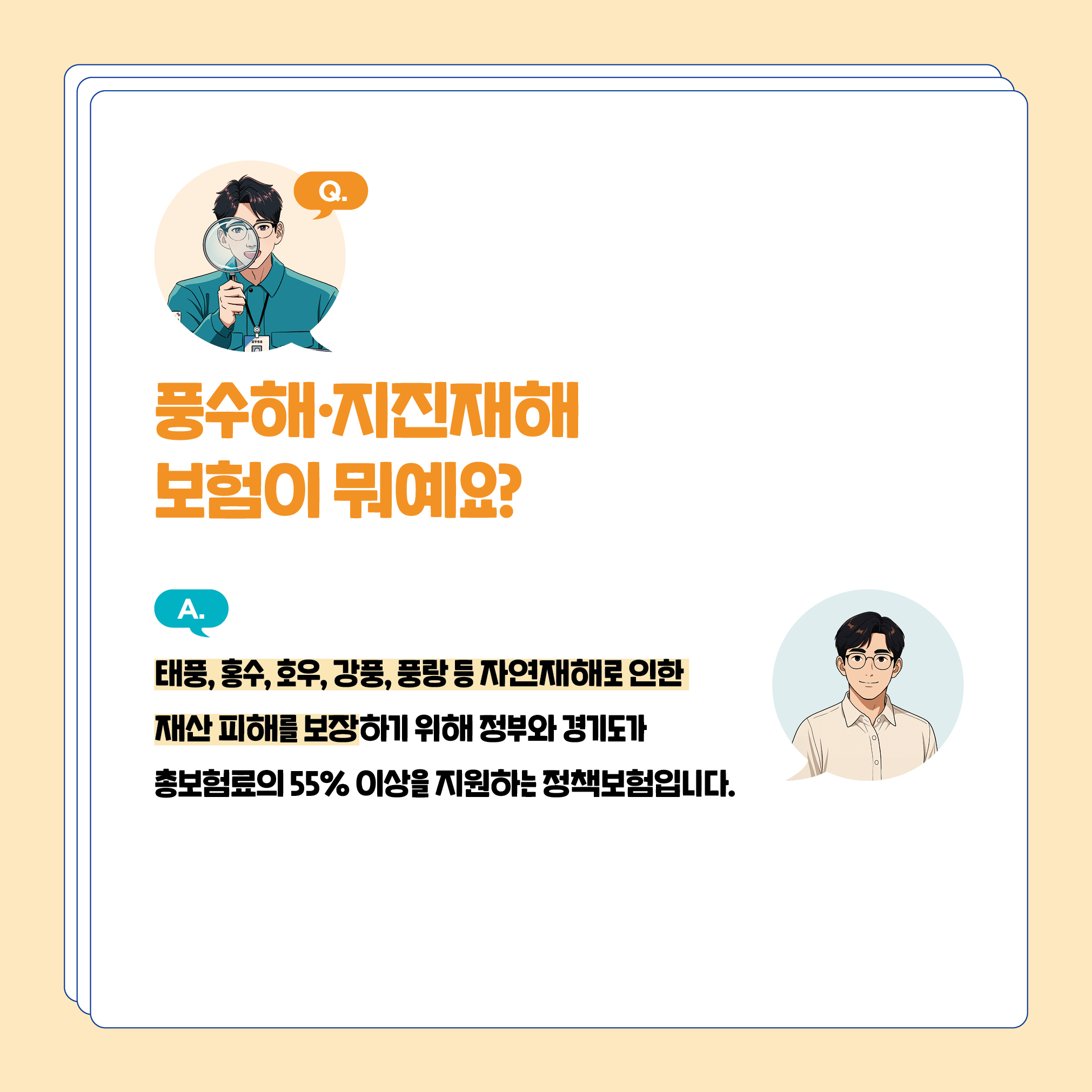 풍수해‧지진재해보험이 뭐예요? 태풍, 홍수, 호우, 강풍, 풍랑 등 자연재해로 인한 재산 피해를 보장하기 위해 정부와 경기도가 총보험료의 55% 이상을 지원하는 정책보험입니다.