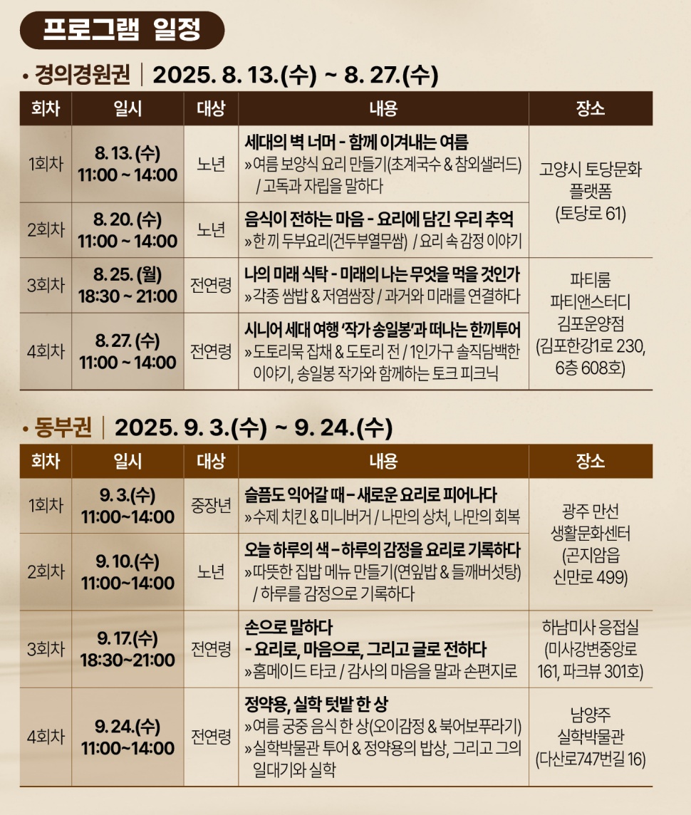 경기도 1인가구 기회밥상 하반기 프로그램 일정.