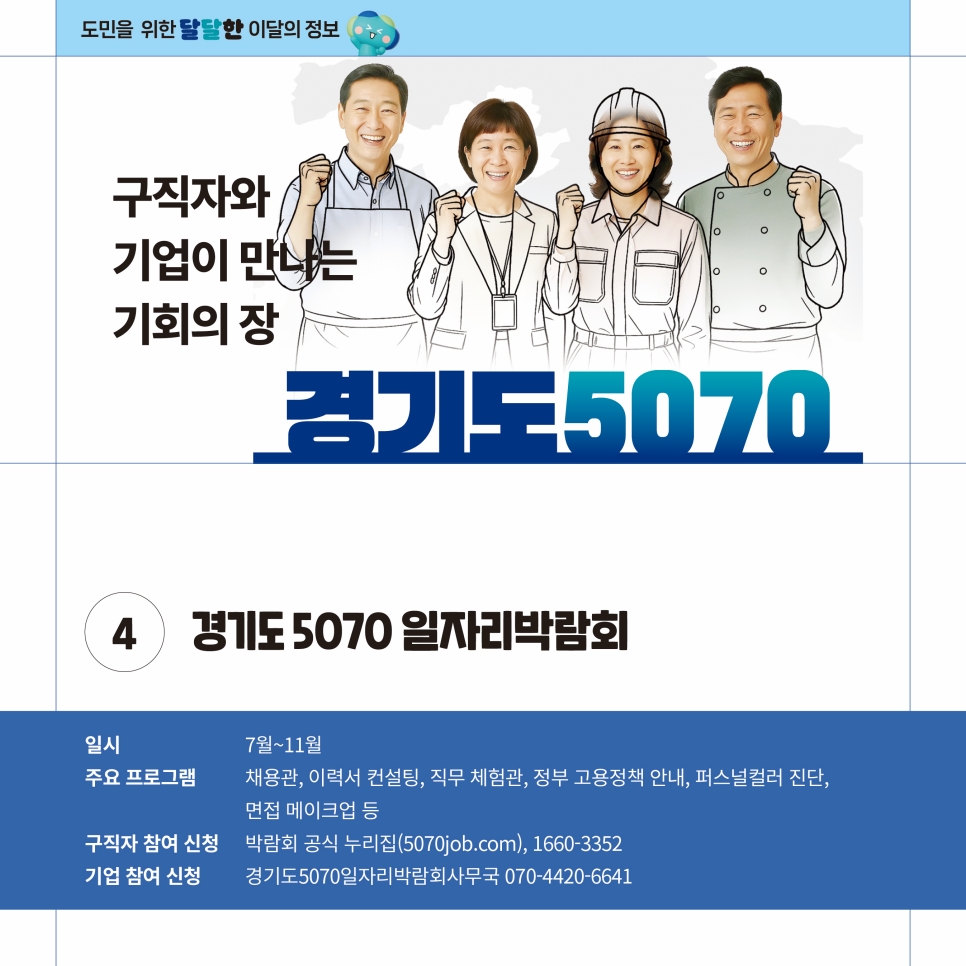 경기도 5070 일자리박람회도 7월부터 11월까지 개최합니다. 채용관과 이력서 컨설팅, 직무 체험관, 정부 고용정책 안내 등 다양한 프로그램이 진행됩니다. 구직자들은 박람회 공식 누리집(5070job.com), 1600-3352를 통해 참여 신청할 수 있으며, 기업들은 경기도5060일자리박람회사무국(070-4420-6641)을 통해 신청할 수 있습니다.