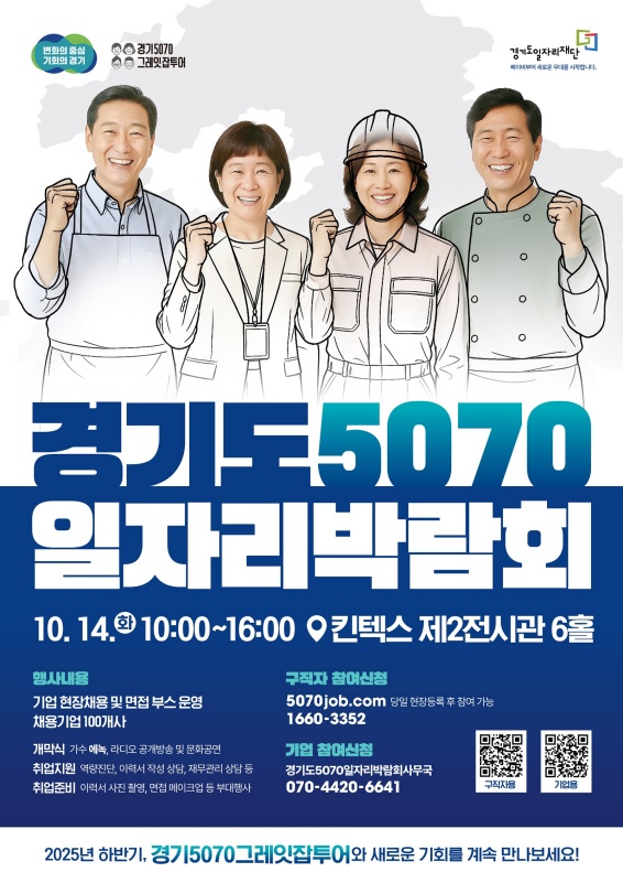 경기도와 경기도일자리재단은 오는 14일 고양 킨텍스에서 ‘경기도 5070 일자리 박람회’를 개최한다.