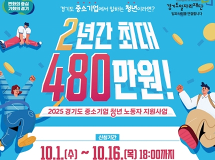 경기도, 중소기업 청년 노동자에게 2년간 최대 480만 원 지원. 1일부터 접수