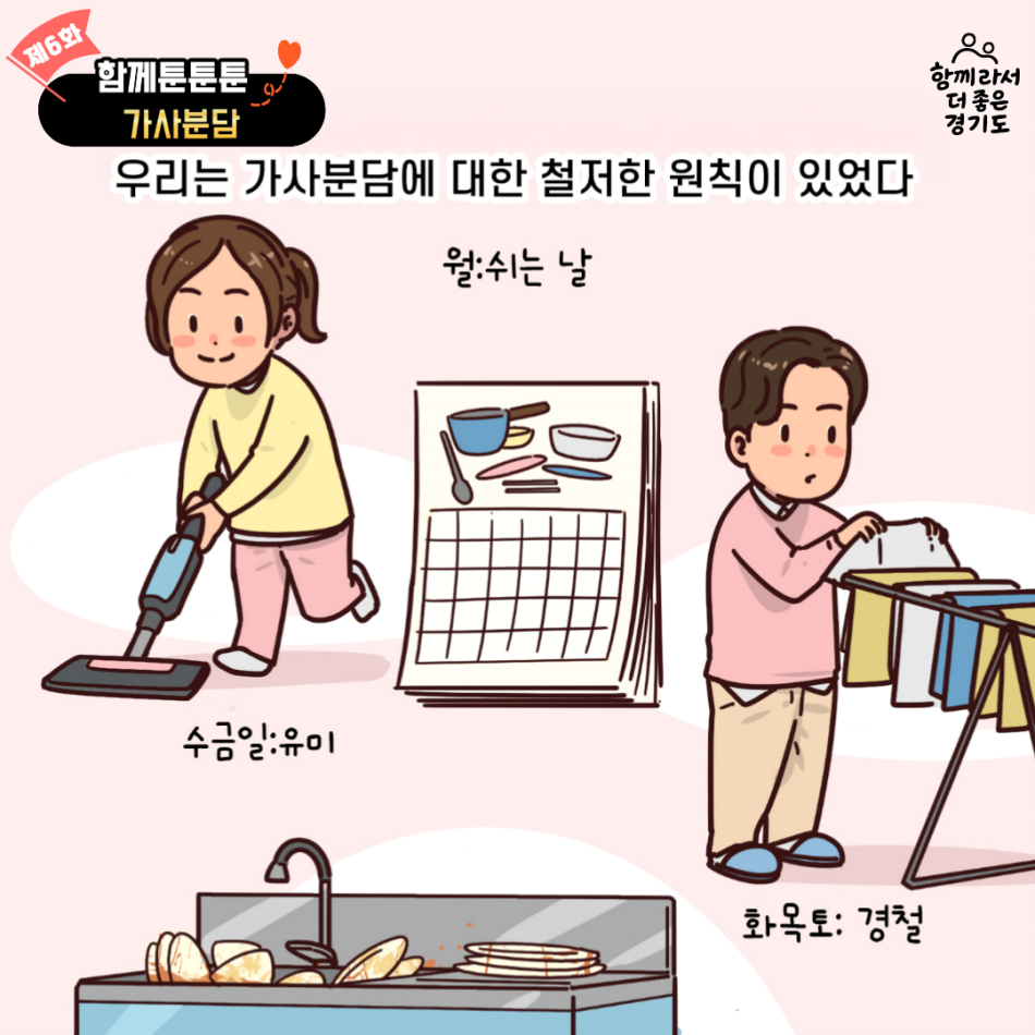 우리는 가사분담에 대한 철저한 원칙이 있다. 남편인 경철이는 화목토, 나는 수금일, 월요일은 쉬는날로 정했다. @ .